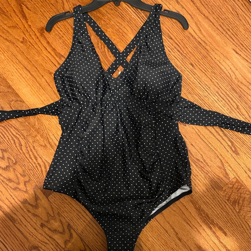 Black Polka Dot Maternity Halter One Piece Bathing Suit - Picture 4 of 7